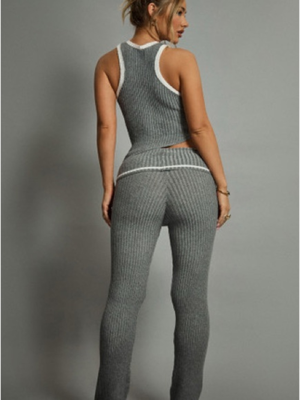 EGO Gray Ribbed Flare Pants & Tank Set with White Trim - Picture 2 of 7